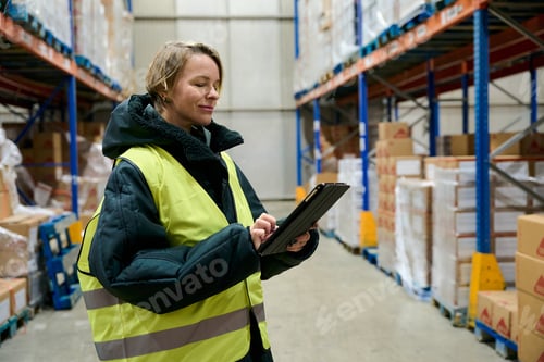 Preview: Woman checking inventory in cold chain warehouse