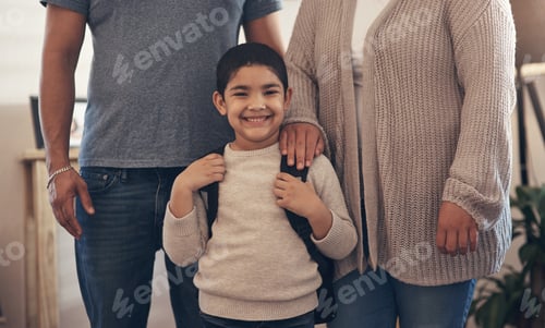 Preview: Portrait of an adorable little boy ready to go to school with his parents