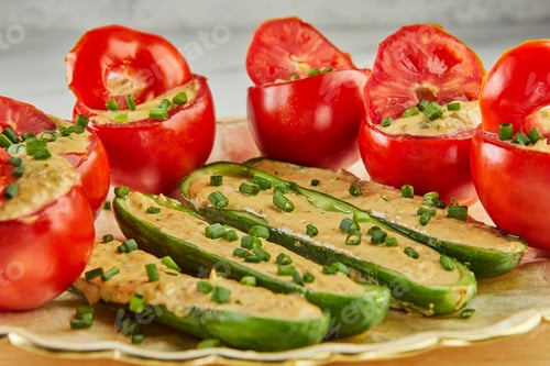 Preview: Stuffed tomatoes and cucumbers with green onions on plate