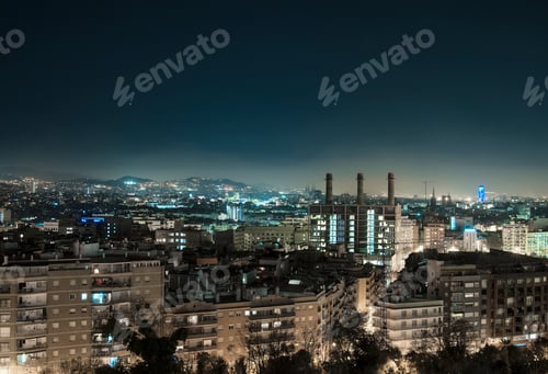 Preview: Twilight cityscape with urban lights.