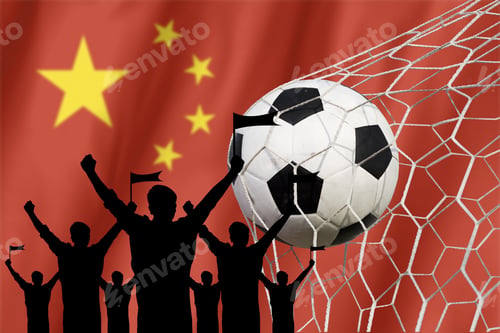 Preview: Silhouettes Of Soccer Fans With Flag Of China .Cheer Concept