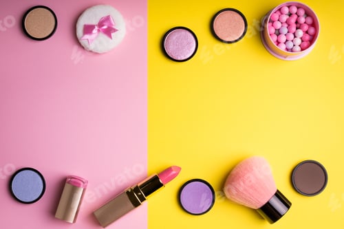 Preview: Makeup products and decorative cosmetics on color background flat lay. Fashion and beauty