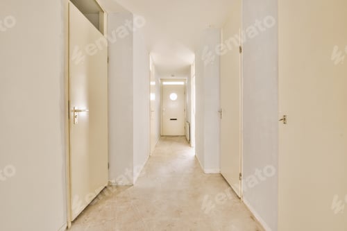 Preview: Narrow simple corridor with doors and lamp