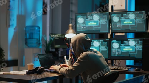 Preview: Impostor with mask hacking computer server late at night