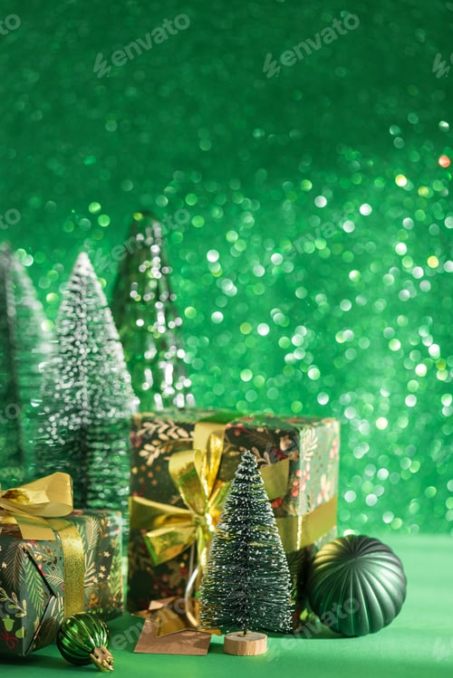 Preview: Christmas Gifts with Mini Trees and Green-Gold Ornaments on Festive Background