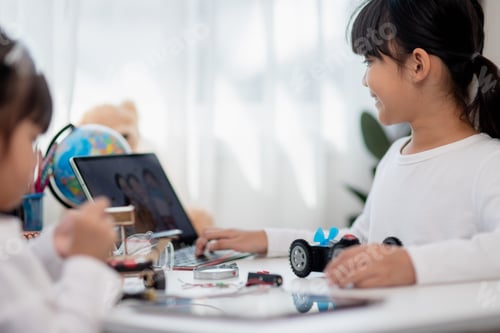 Preview: Asia students learn at home in coding robot cars and electronic board cables in STEM, STEAM,