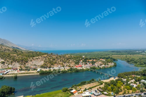 Preview: The walls of Rozafa Castle and its citadel in the city Shkoder along the lake river. Albania