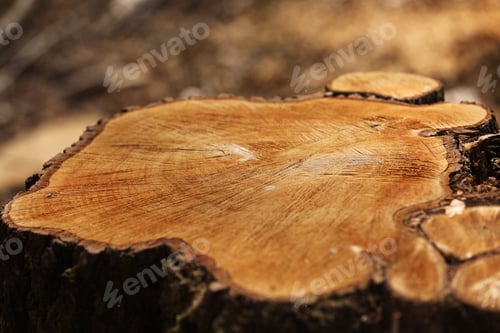 Preview: stump from a cut tree. Pine tree forestry exploitation in a sunny day. overexploitation leads to