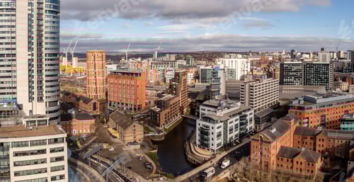 Preview: Aerial panorama of Leeds city centre in a cityscape skyline from Bridgewater Place skyscraper