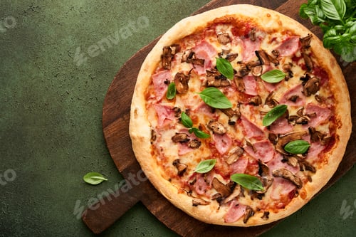 Preview: Pizza. Traditional Bacon pizza with ham, mushrooms, pickled cucumber and cheese and cooking ingredie