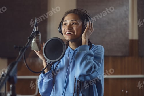 Preview: Emotional actress voices text, rehearses with enjoyment and emotions in soundproof room