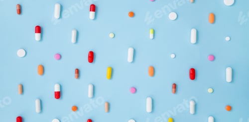 Preview: Various white medication tablets and capsules on blue background. Concept of healthcare and medicine