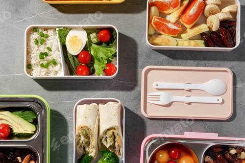 Preview: Containers with healthy food on gray background top view.