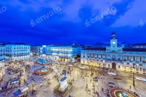 Preview: Ornate buildings illuminated at night, Madrid, Madrid, Spain