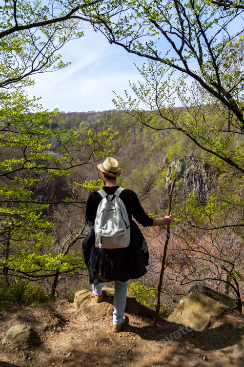 Preview: Tourist with stick and hat enjoying the view of the park
