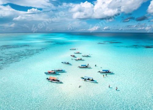 Preview: Aerial view of boats in clear azure sea in summer. Top view