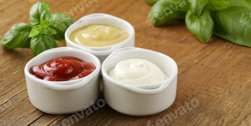 Preview: three types of sauces ketchup, mayonnaise and mustard