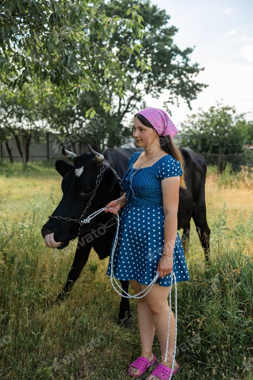 Preview: Young Ukrainian woman standing near grazing cow in farmland. Rural scene.