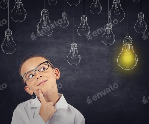 Preview: Big Idea. Smart Boy With Solution Lightbulb Above Head