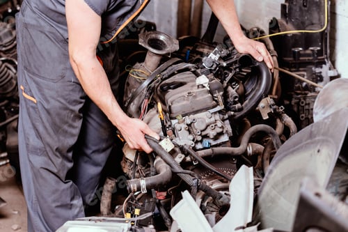 Preview: Mechanic looking at the condition of a disassembled car engine.