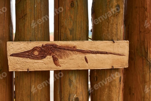 Preview: Bones of ancient old prehistoric wild animals hanging on the wall at the show