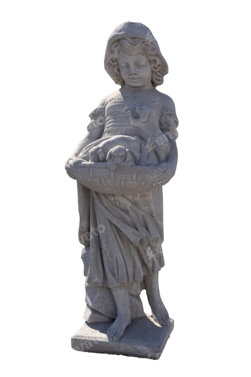 Preview: Stone sculpture of girl holding puppies in basket on white background