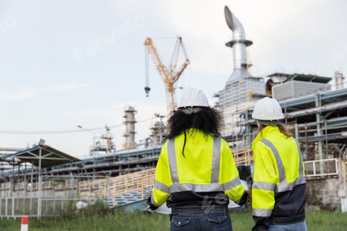 Preview: Two female engineers observe an industrial plant with visible pipelines and crane