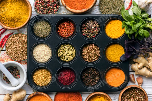 Preview: Top view of black tray with spices on a white surface