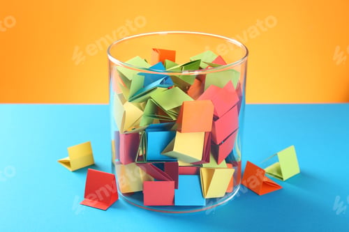 Preview: Bright paper pieces in glass jar on color background, closeup
