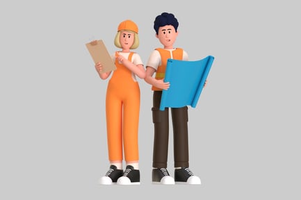 Preview: Cartoon builders with blueprints and clipboard