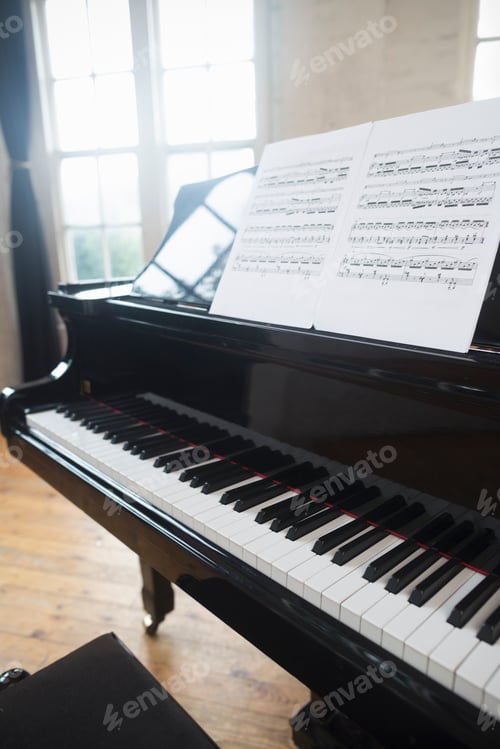 Preview: Sheet music on a Grand Piano in a rehearsal studio.