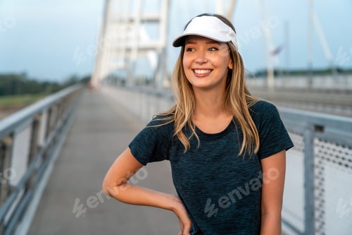 Preview: Fitness sport training and lifestyle concept. Happy fit woman running outdoors in city