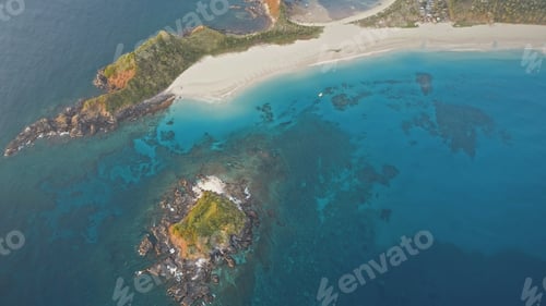 Preview: Mist over tropic island at sea bay aerial. Nobody tropical nature landcsape. Green mountains