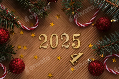Preview: New Year 2025 beige background. Number of the coming year in Christmas decoration.