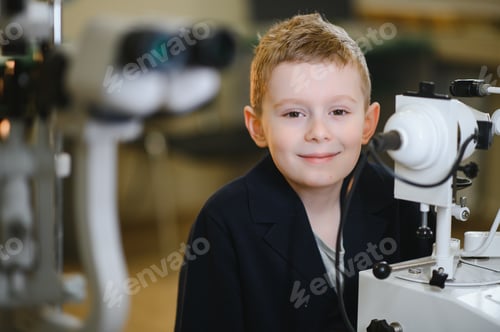 Preview: Boy undergoing eyesight examination with ophthalmologic equipment in clinic