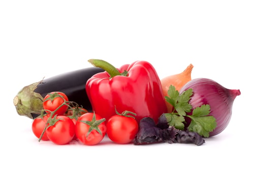 Preview: Sweet pepper, onion, tomato, eggplant and basil leaves still life