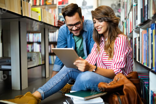 Preview: Student studying brainstorming library friends teamwork concept