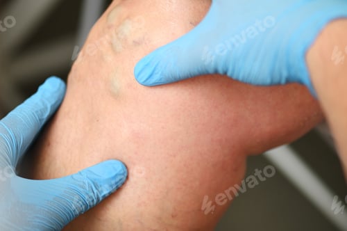 Preview: hlebologist examines a patient with varicose veins on his leg.