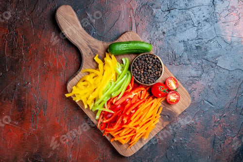 Preview: top view colorful cut peppers black pepper tomatoes cucumber on cutting board on dark red table