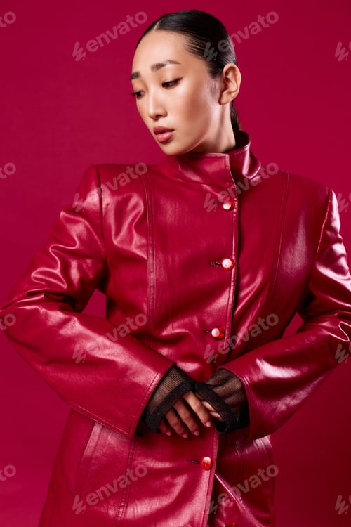 Preview: Fashion asian brunette in red leather jacket posing against red background with hands on hips