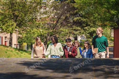 Preview: Multiracial Students Chatting on Park Stairs