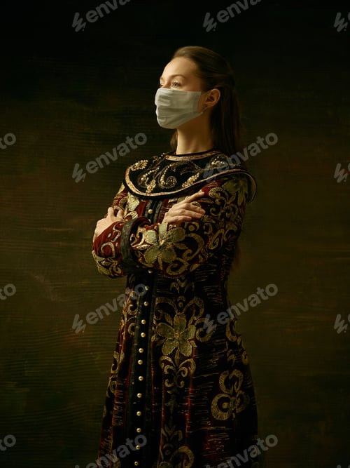 Preview: Medieval young woman as a duchess wearing protective mask against coronavirus spread