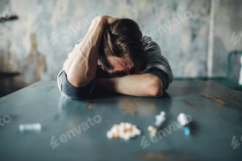 Preview: Male junkie at the table with drugs and syringe