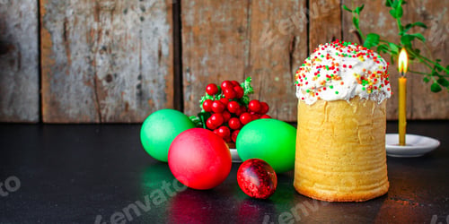 Preview: Easter Cake And Easter Eggs, Traditional Holiday Design (Happy Easter) Menu Concept. Food