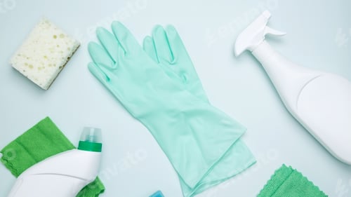 Preview: Concept of cleanliness and hygiene. Cleaning supplies and tools, including bottles, gloves