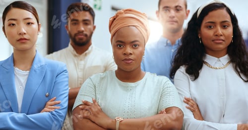 Preview: Diversity, teamwork and serious face with arms crossed for
business people leadership, employee con