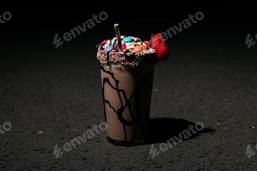 Preview: Closeup shot of a frozen dessert with strawberry in black background