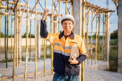 Preview: An elderly male construction supervisor wearing a white helmet and safety vest examines blueprints
