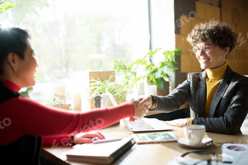 Preview: Happy entrepreneurs making handshake in cafe