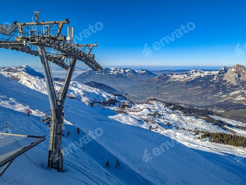 Preview: Aerial drone view of snow covered ski slopes at Stoos,Switzerland